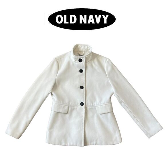Old Navy White Cropped Pea-Coat Button Down Flap Pockets High Mandarin Collar - Picture 1 of 13